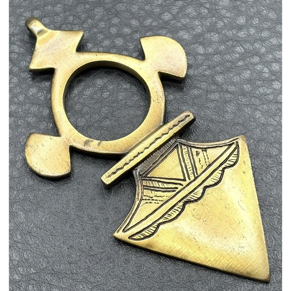 Tribal Mali Touareg Amulet Cross Pendant Long Brass Tone Geometric Signed VM